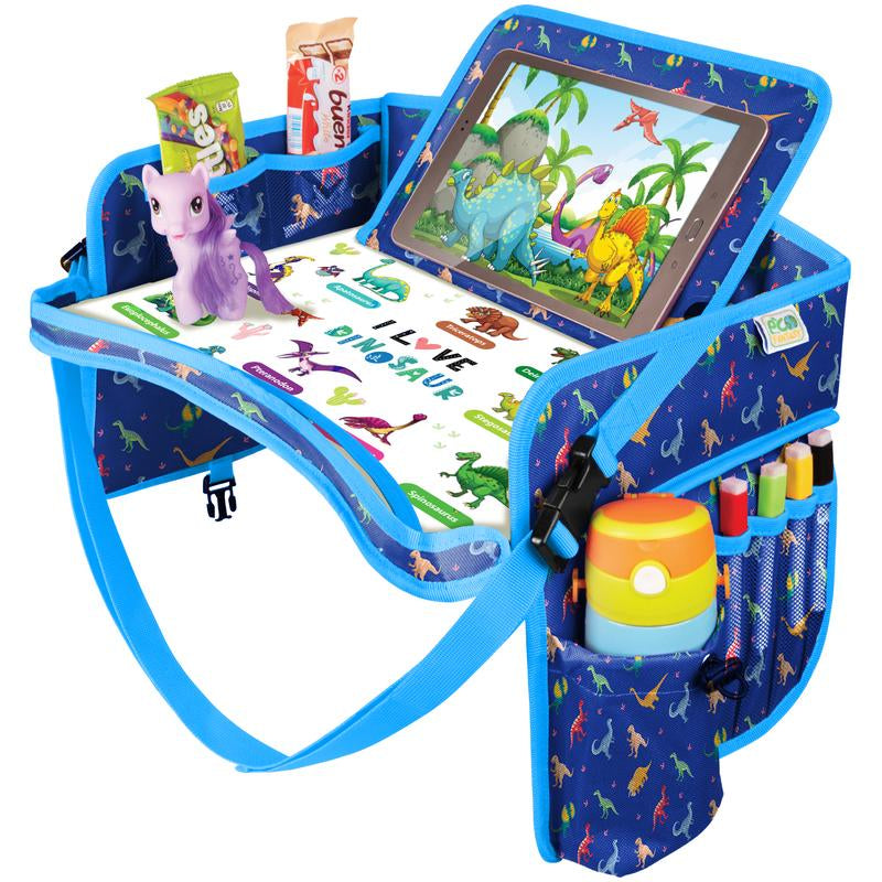 ECOFANTASY Kids Travel Tray - Waterproof Carseat Table Top - Car Seat Tray for Toddler - Travel and Road Trip Essentials Kids - Lap Desk with Storage