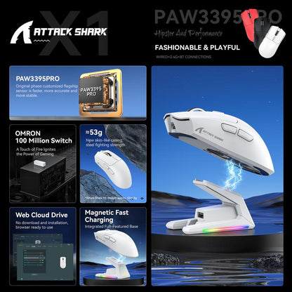 ATTACK SHARK X1 Lightweight Wireless Gaming Mouse with RGB Charging Dock,Triple Modes PAW3395PRO 40K DPI Optical Sensor,Tri-Mode-2.4G/Usb-C Wired/Bt,Omron Optical Switch, 5 Programmable Buttons for Pc/Laptop/Mac