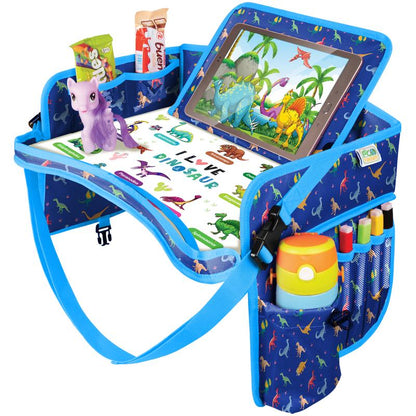 ECOFANTASY Kids Travel Tray - Waterproof Carseat Table Top - Car Seat Tray for Toddler - Travel and Road Trip Essentials Kids - Lap Desk with Storage