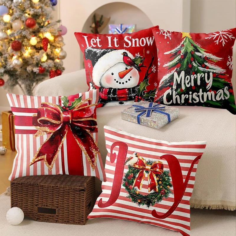 4Pcs Set of 18X18 Inch Christmas Throw Pillow Covers, Winter Holiday Cushion Case Decoration, Snowman&Christmas Tree Designs, Zipperclosure,Linen,Merry Christmas Decor 2025 for Home, Couch, Sofa, Living Room – No Inserts Included