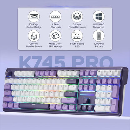 Redragon K745 PRO Wireless Gasket RGB Gaming Keyboard, 108 Keys Mechanical Keyboard W/Extra 4 Hotkeys, Hot-Swap South-Facing LED Socket, 5-Layer Noise Dampening, round PBT Keycaps, Mint Mambo Switch,Charming Purple