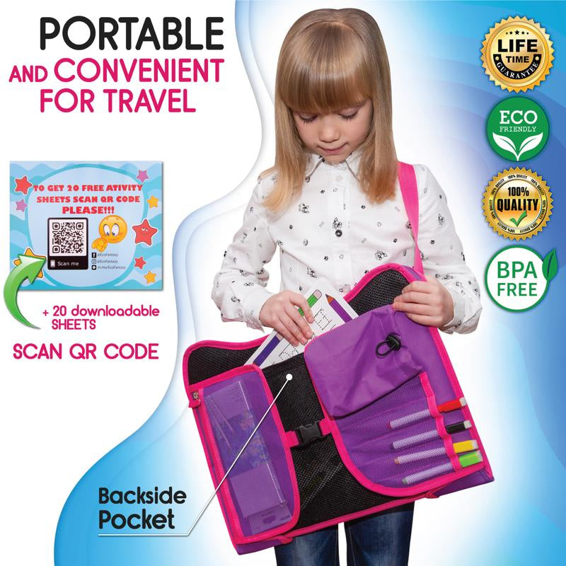 ECOFANTASY Kids Travel Tray - Waterproof Carseat Table Top - Car Seat Tray for Toddler - Travel and Road Trip Essentials Kids - Lap Desk with Storage