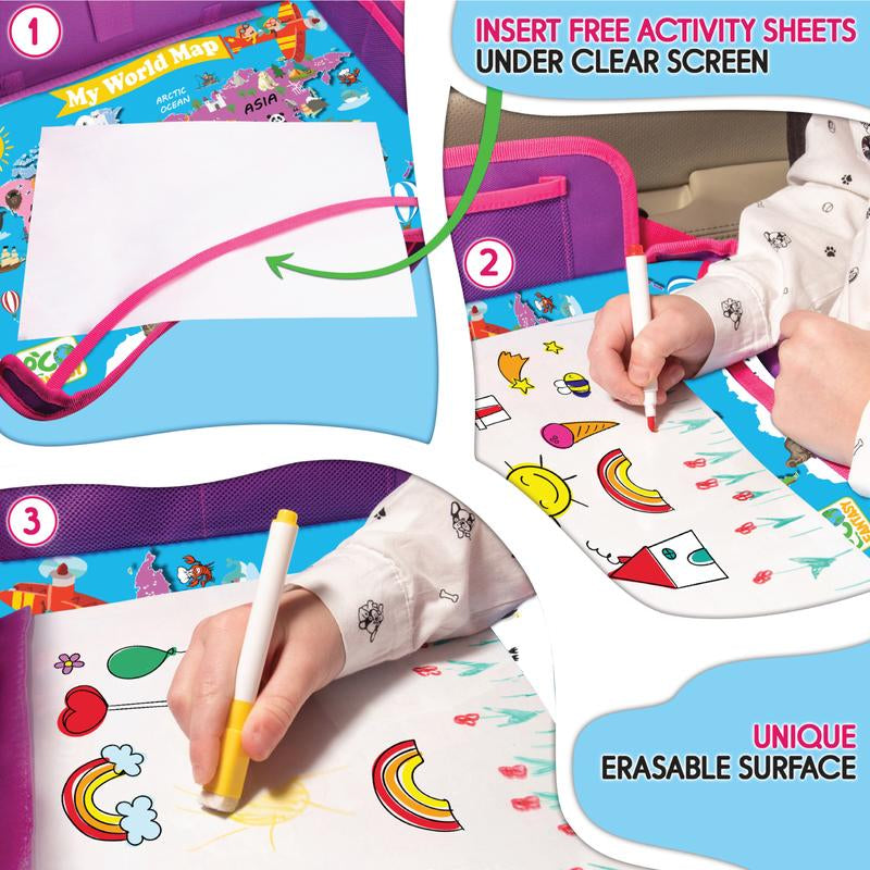 ECOFANTASY Kids Travel Tray - Waterproof Carseat Table Top - Car Seat Tray for Toddler - Travel and Road Trip Essentials Kids - Lap Desk with Storage