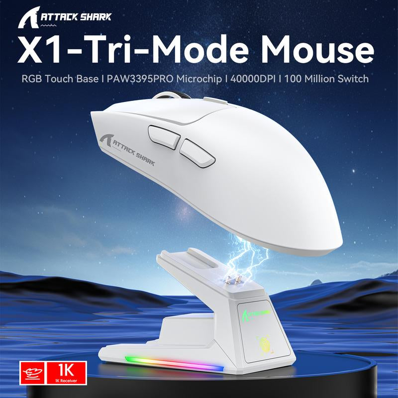 ATTACK SHARK X1 Lightweight Wireless Gaming Mouse with RGB Charging Dock,Triple Modes PAW3395PRO 40K DPI Optical Sensor,Tri-Mode-2.4G/Usb-C Wired/Bt,Omron Optical Switch, 5 Programmable Buttons for Pc/Laptop/Mac