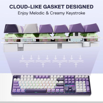 Redragon K745 PRO Wireless Gasket RGB Gaming Keyboard, 108 Keys Mechanical Keyboard W/Extra 4 Hotkeys, Hot-Swap South-Facing LED Socket, 5-Layer Noise Dampening, round PBT Keycaps, Mint Mambo Switch,Charming Purple