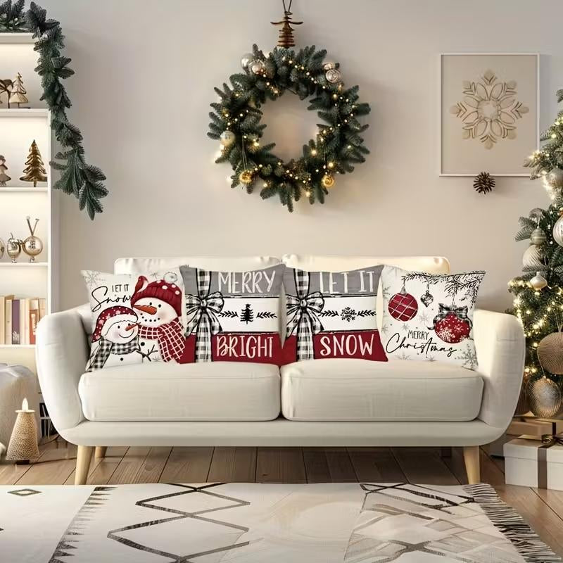 4Pcs Set of 18X18 Inch Christmas Throw Pillow Covers, Winter Holiday Cushion Case Decoration, Snowman&Christmas Tree Designs, Zipperclosure,Linen,Merry Christmas Decor 2025 for Home, Couch, Sofa, Living Room – No Inserts Included