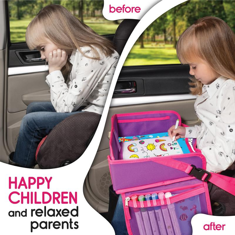 ECOFANTASY Kids Travel Tray - Waterproof Carseat Table Top - Car Seat Tray for Toddler - Travel and Road Trip Essentials Kids - Lap Desk with Storage