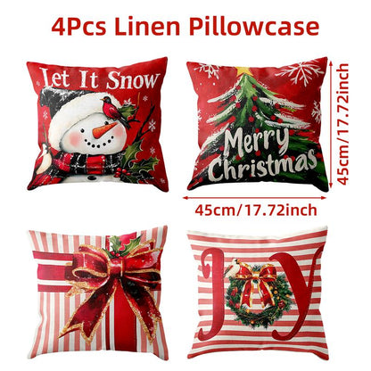 4Pcs Set of 18X18 Inch Christmas Throw Pillow Covers, Winter Holiday Cushion Case Decoration, Snowman&Christmas Tree Designs, Zipperclosure,Linen,Merry Christmas Decor 2025 for Home, Couch, Sofa, Living Room – No Inserts Included