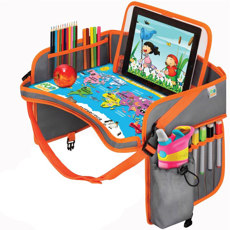 ECOFANTASY Kids Travel Tray - Waterproof Carseat Table Top - Car Seat Tray for Toddler - Travel and Road Trip Essentials Kids - Lap Desk with Storage