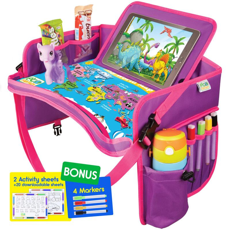 ECOFANTASY Kids Travel Tray - Waterproof Carseat Table Top - Car Seat Tray for Toddler - Travel and Road Trip Essentials Kids - Lap Desk with Storage