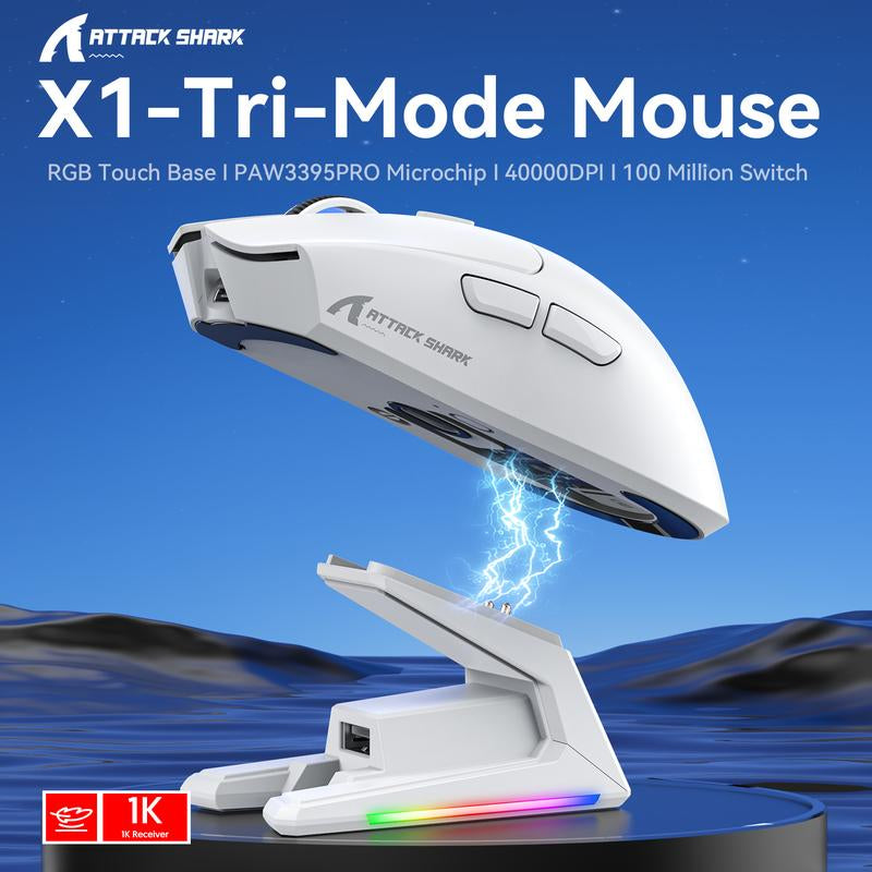 ATTACK SHARK X1 Lightweight Wireless Gaming Mouse with RGB Charging Dock,Triple Modes PAW3395PRO 40K DPI Optical Sensor,Tri-Mode-2.4G/Usb-C Wired/Bt,Omron Optical Switch, 5 Programmable Buttons for Pc/Laptop/Mac
