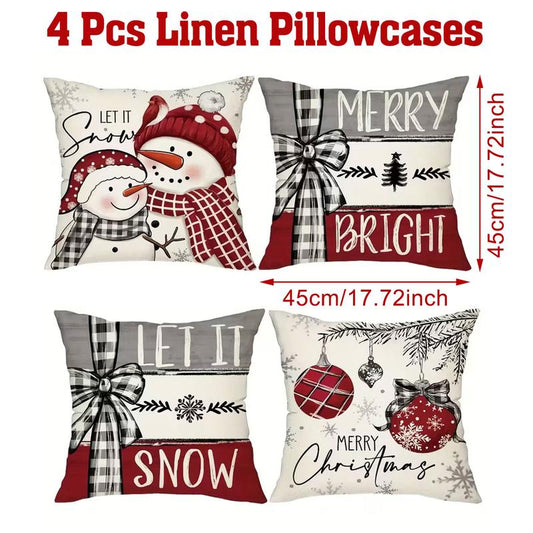 4Pcs Set of 18X18 Inch Christmas Throw Pillow Covers, Winter Holiday Cushion Case Decoration, Snowman&Christmas Tree Designs, Zipperclosure,Linen,Merry Christmas Decor 2025 for Home, Couch, Sofa, Living Room – No Inserts Included