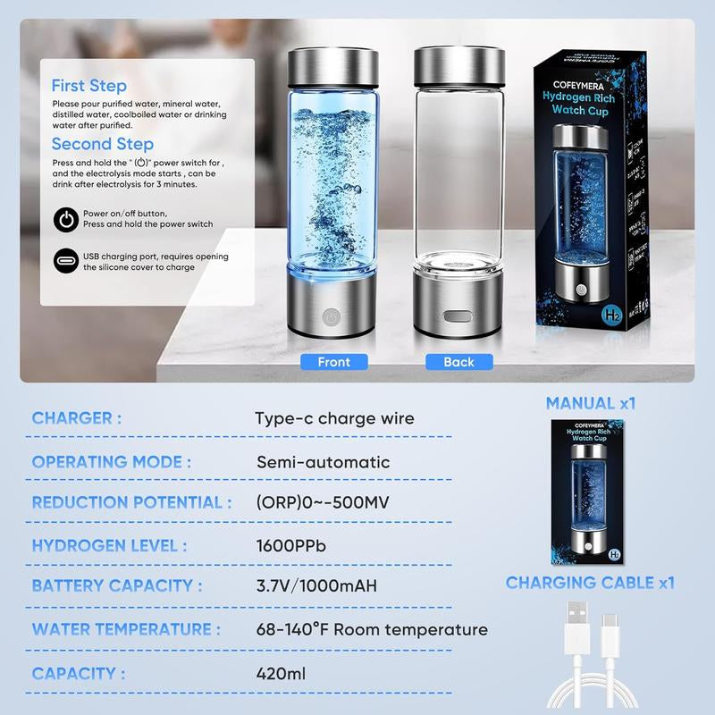 Hydrogen Water Bottle Portable Generator Ionized Water Cup for Home Office Travel Daily Use Silver Upgrade Version