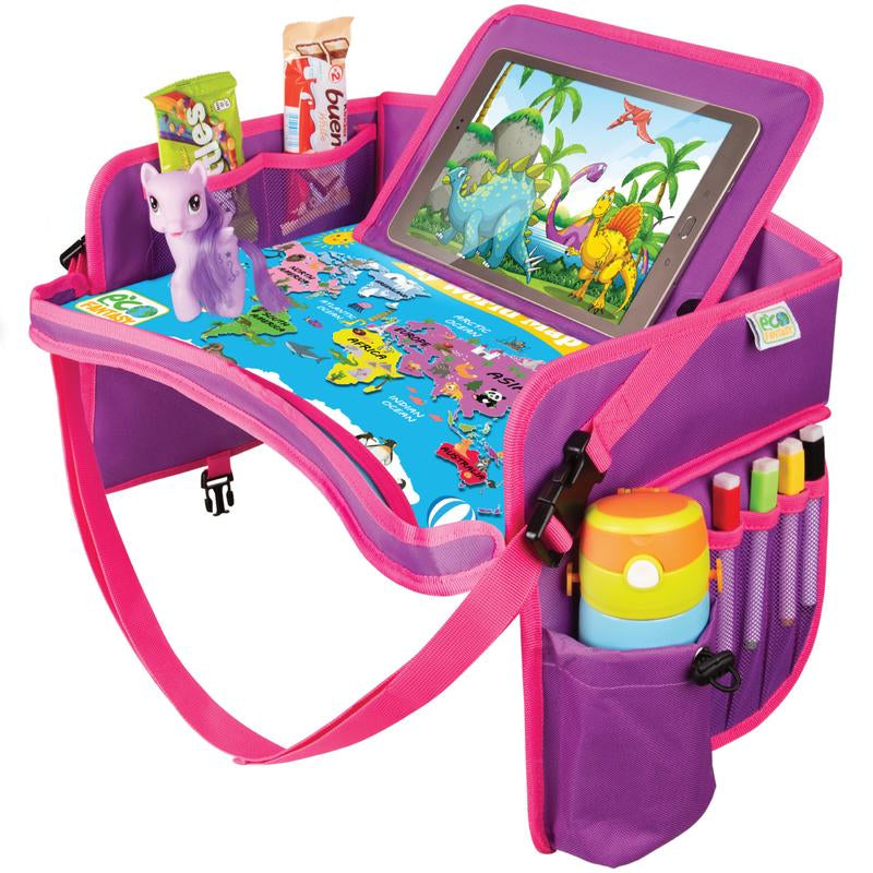 ECOFANTASY Kids Travel Tray - Waterproof Carseat Table Top - Car Seat Tray for Toddler - Travel and Road Trip Essentials Kids - Lap Desk with Storage