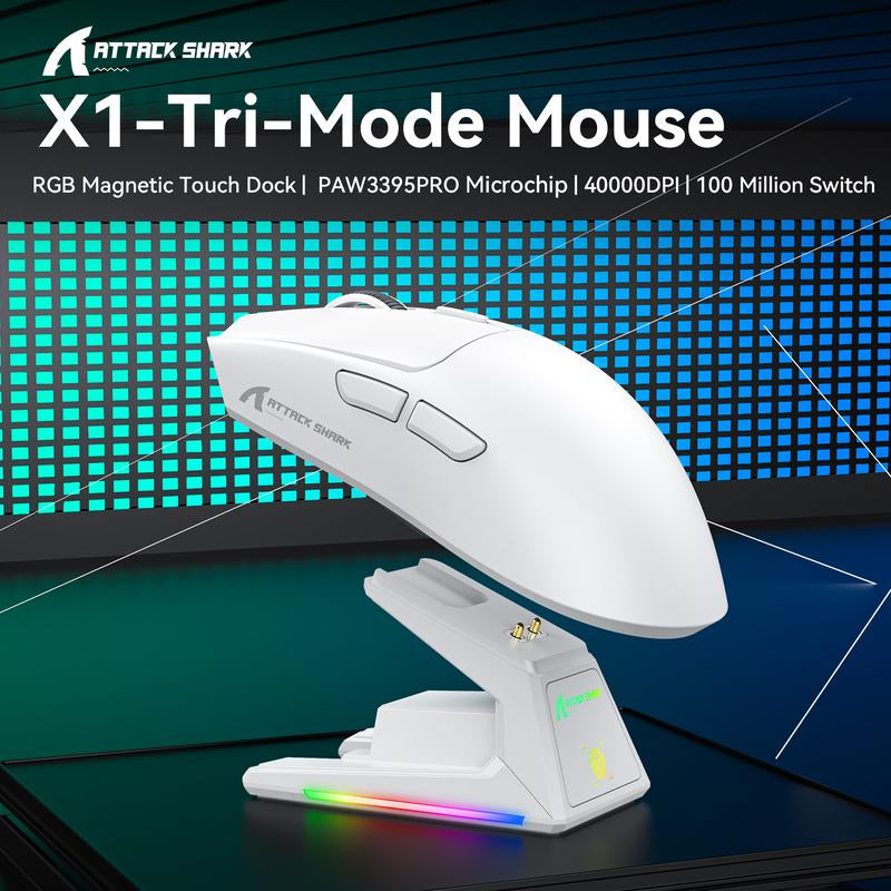 ATTACK SHARK X1 Lightweight Wireless Gaming Mouse with RGB Charging Dock,Triple Modes PAW3395PRO 40K DPI Optical Sensor,Tri-Mode-2.4G/Usb-C Wired/Bt,Omron Optical Switch, 5 Programmable Buttons for Pc/Laptop/Mac