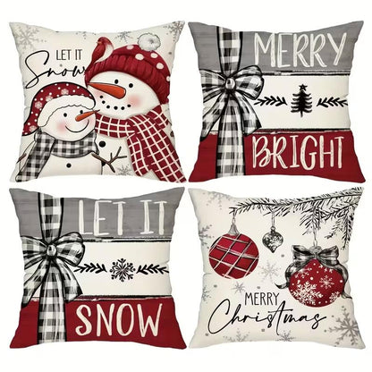 4Pcs Set of 18X18 Inch Christmas Throw Pillow Covers, Winter Holiday Cushion Case Decoration, Snowman&Christmas Tree Designs, Zipperclosure,Linen,Merry Christmas Decor 2025 for Home, Couch, Sofa, Living Room – No Inserts Included