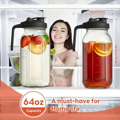 3PCS Glass Water Kettle 64OZ, Mason Jar Water, Lid Spout, Wide Mouthed Leak Proof Water Kettle, Cold Water Kettle, Suitable for Storing Breast Milk Juice, Water, Milk, Tea, Iced Coffee Beverage Set Scale Tumbler with and Straws Fall Themed Oak Sip